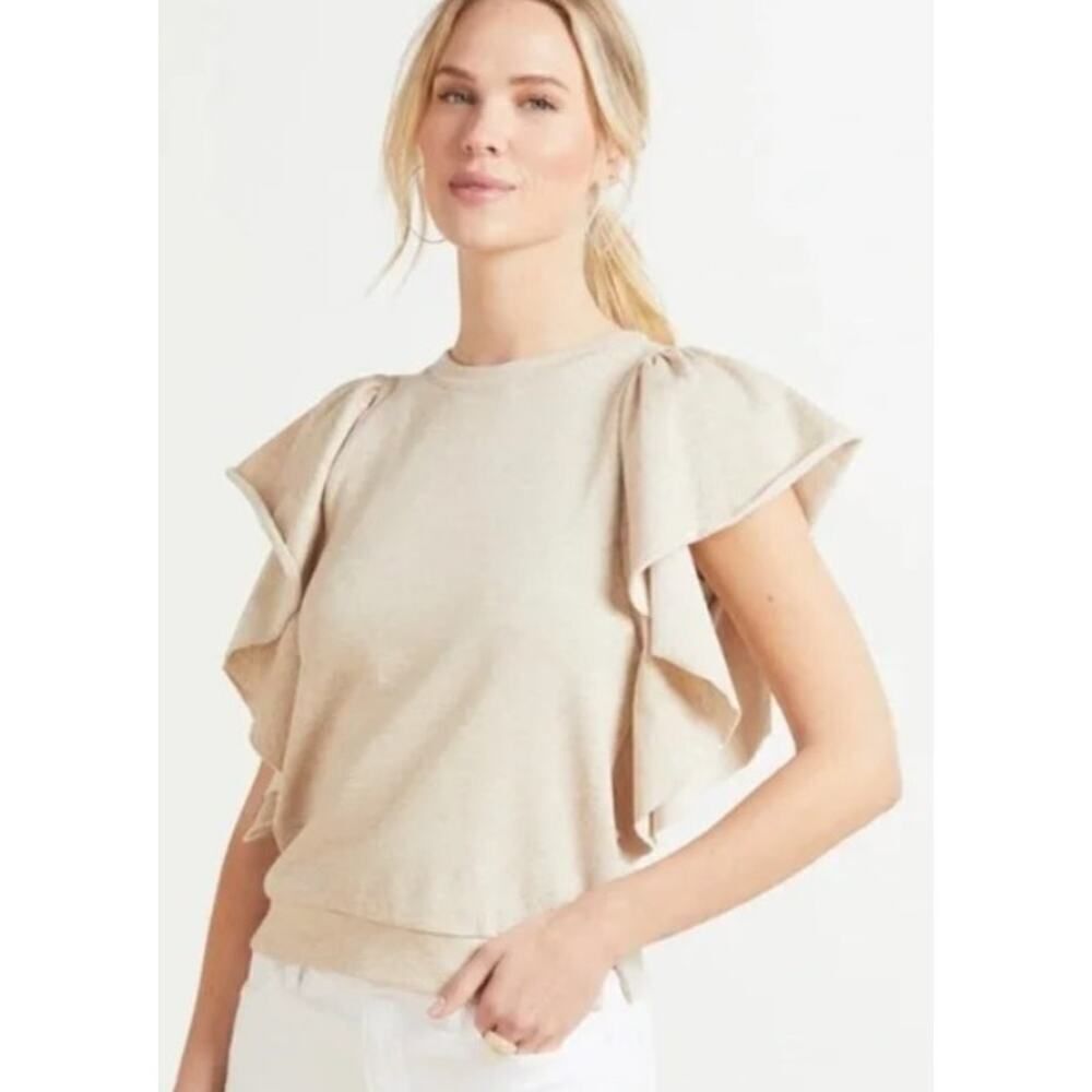 Evereve Cream Fallon Short Flutter Sleeve Crew Neck Sweatshirt Sz. S